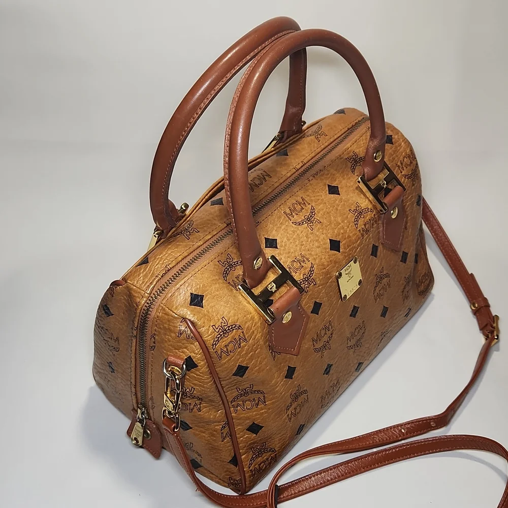 Authentic MCM Monogram Vintage Speedy Bag Cognac Visetos w/ Crossbody Strap